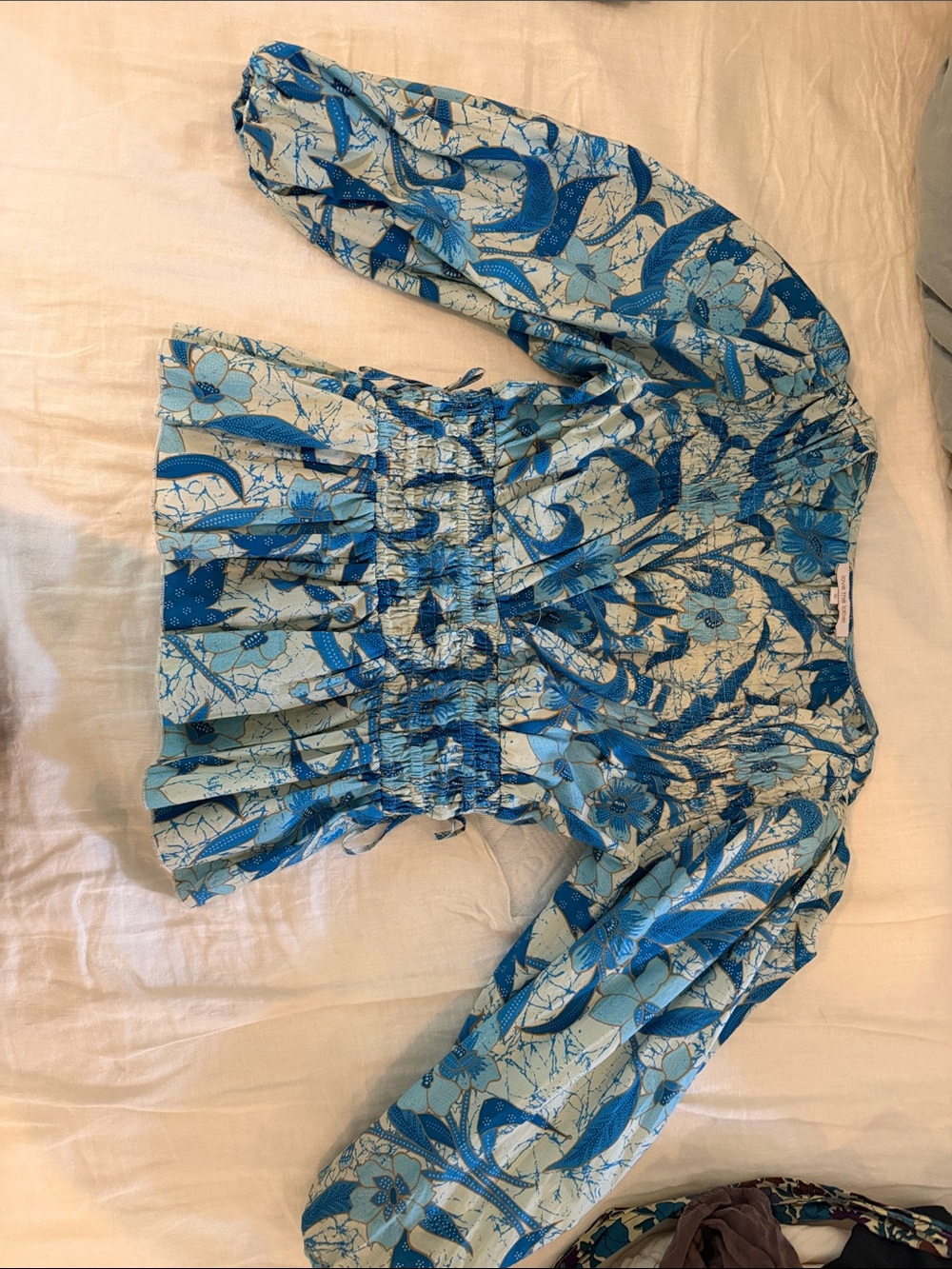 Blue Floral Smocked Waist Blouse